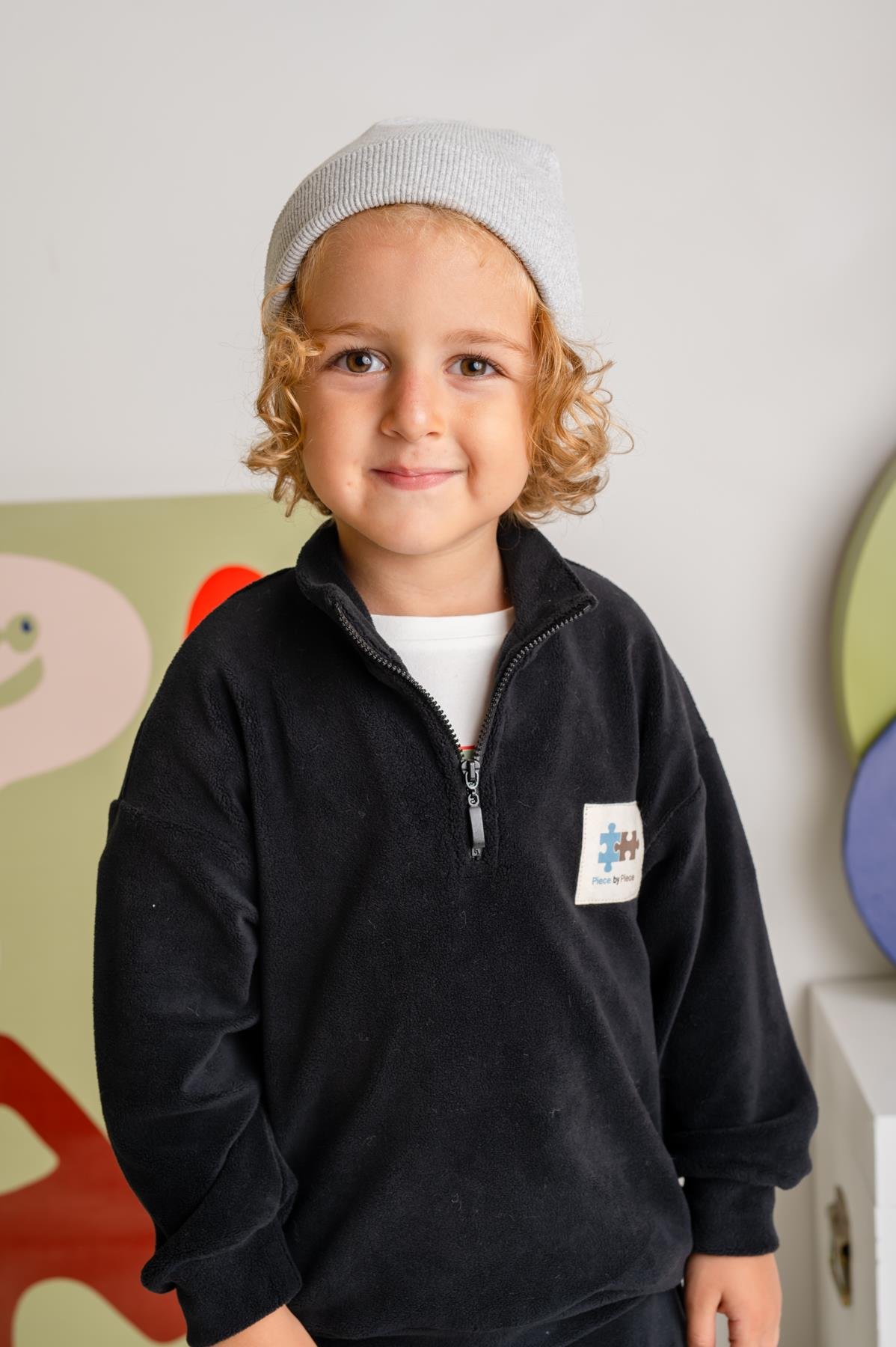 Erkek Çocuk Kapşonlu Fermuarlı Polar İkili Takım - Siyah