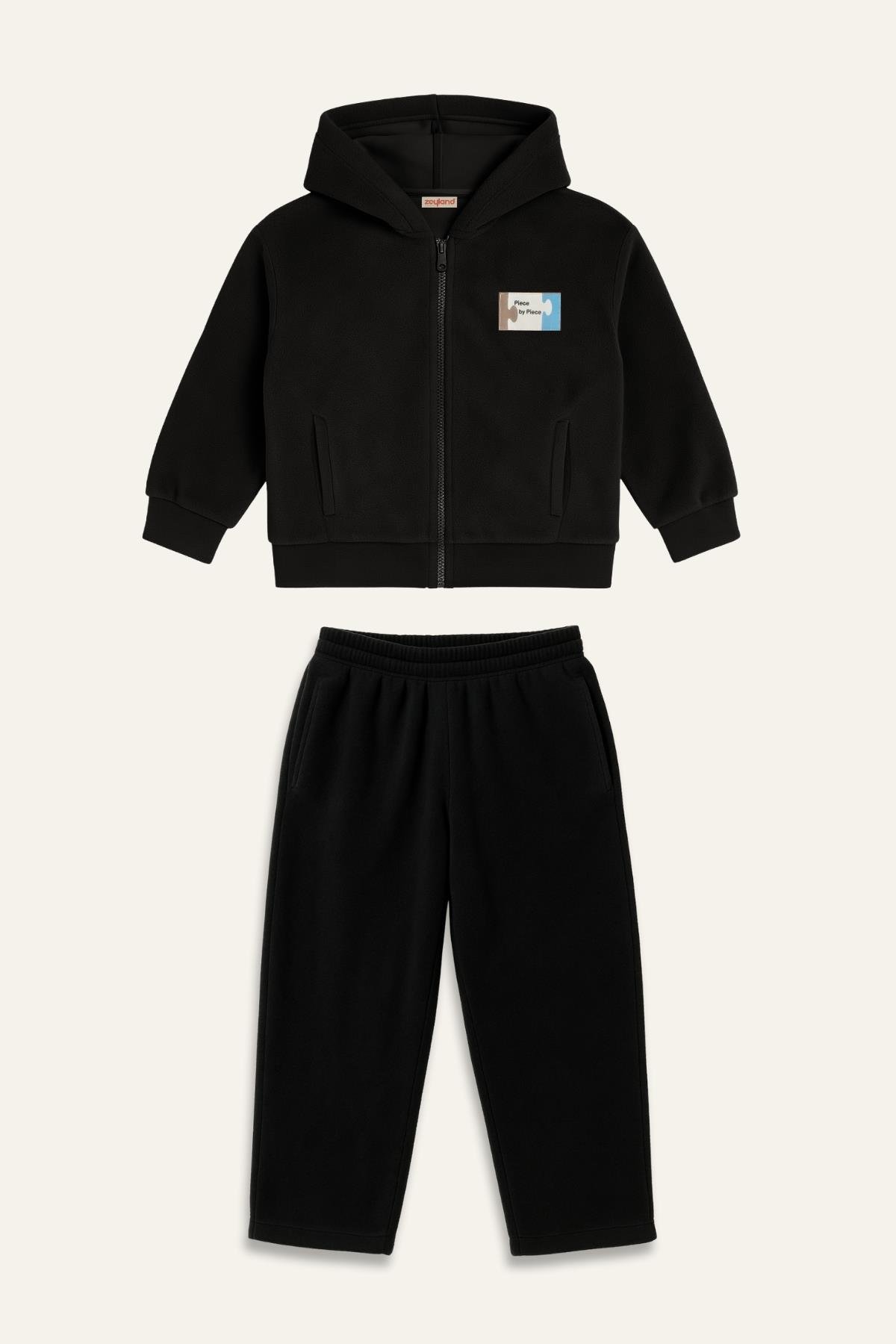 Erkek Çocuk Kapşonlu Fermuarlı Polar İkili Takım - Siyah