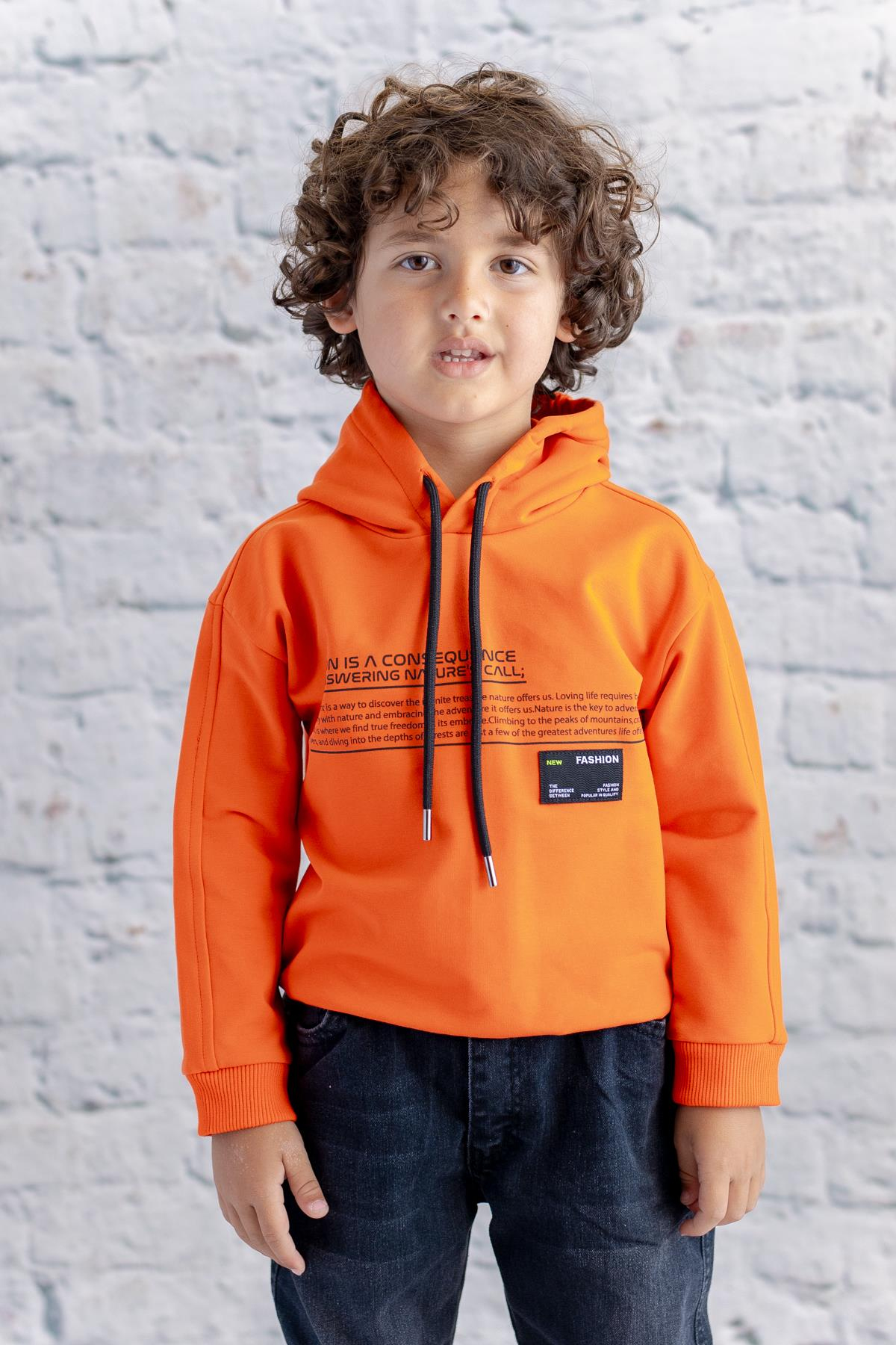 Erkek Çocuk Kapüşonlu Baskılı Sweatshirt - Turuncu