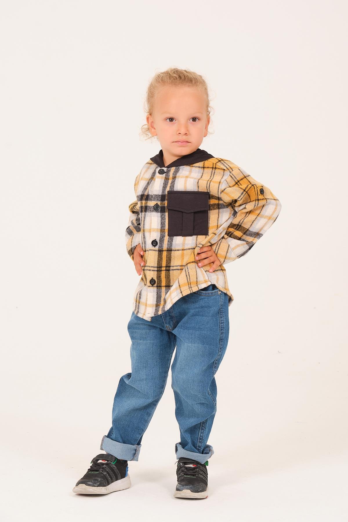 Erkek Çocuk Kapüşonlu Oduncu Gömlek - Sarı Ekose
