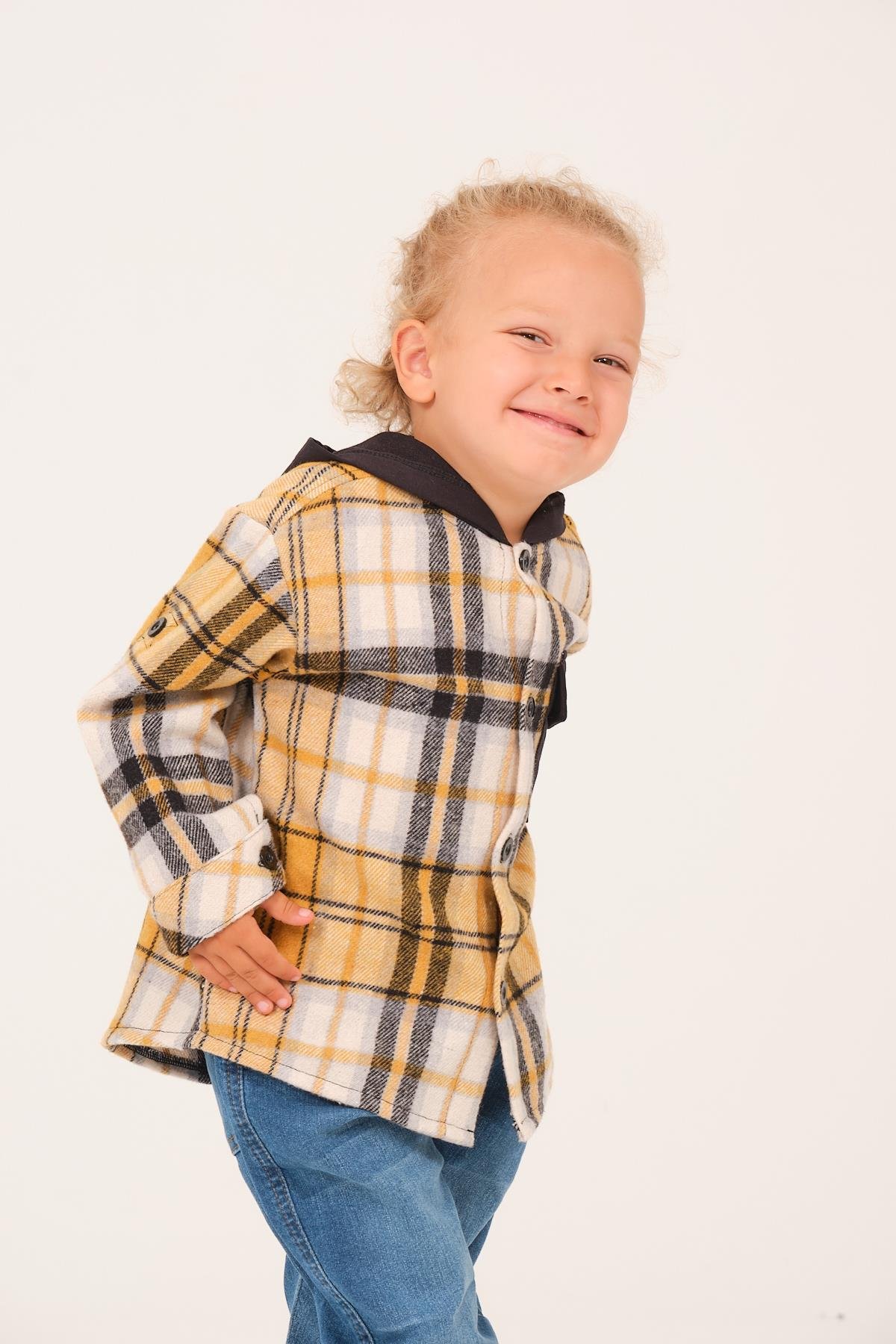 Erkek Çocuk Kapüşonlu Oduncu Gömlek - Sarı Ekose
