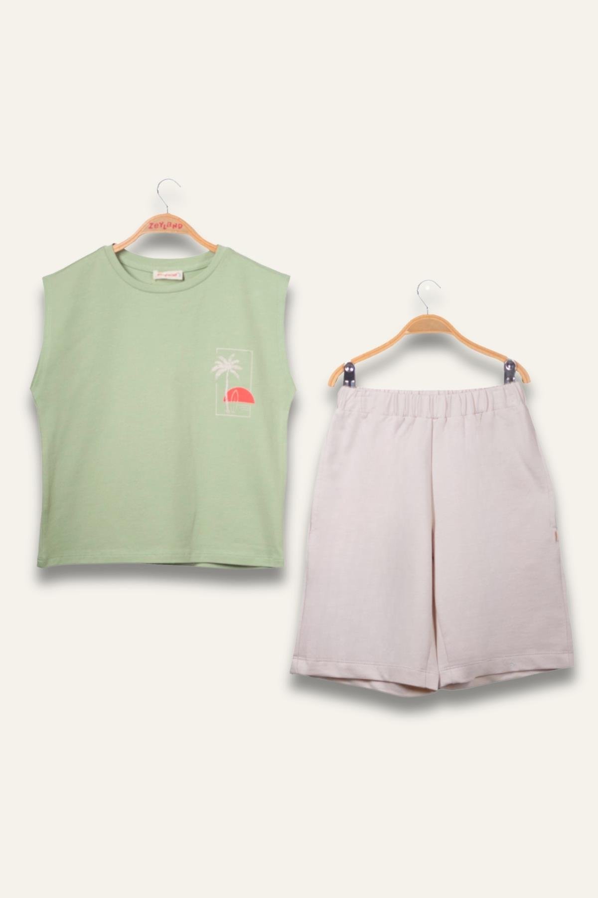 Erkek Çoçuk Sörf Baskılı Atlet Dizaltı Şort Takım - Yeşil