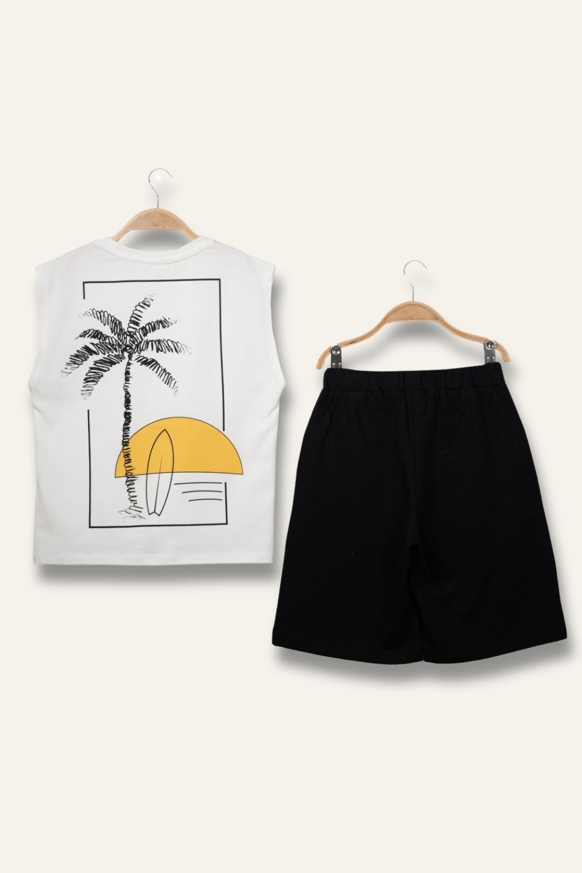 Erkek Çoçuk Sörf Baskılı Atlet Dizaltı Şort Takım - Ekru