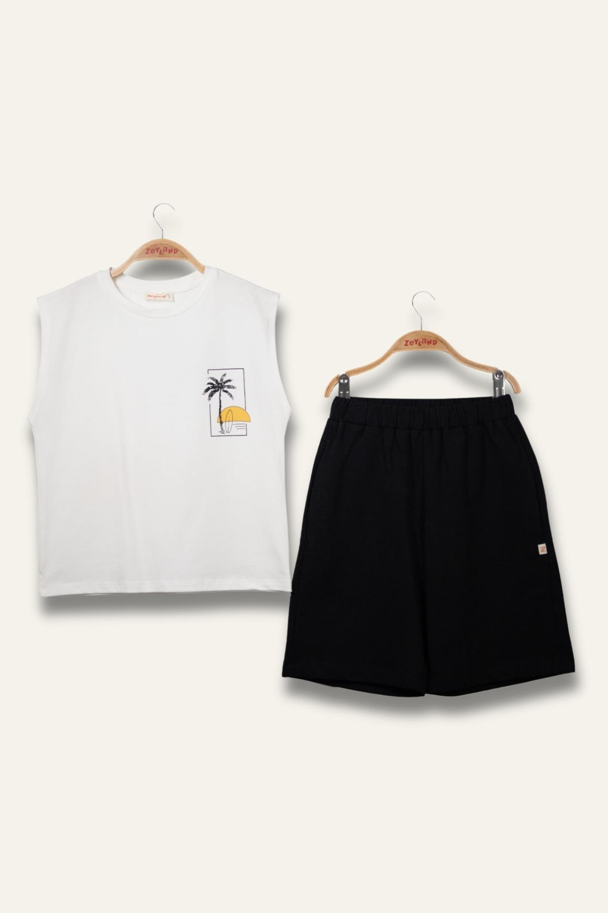 Erkek Çoçuk Sörf Baskılı Atlet Dizaltı Şort Takım - Ekru