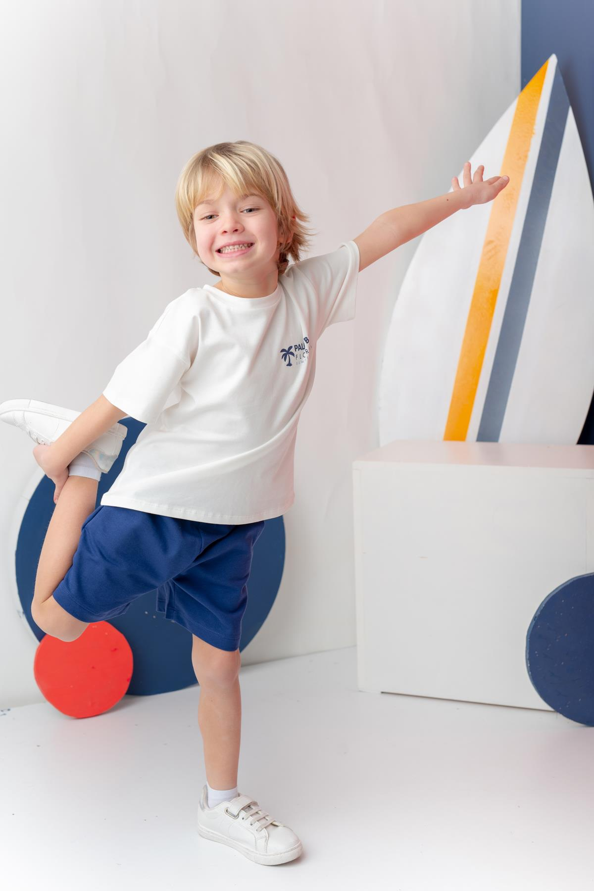 Erkek Çoçuk Sörf Baskılı T-Shirt Kısa Şort Takım - Ekru