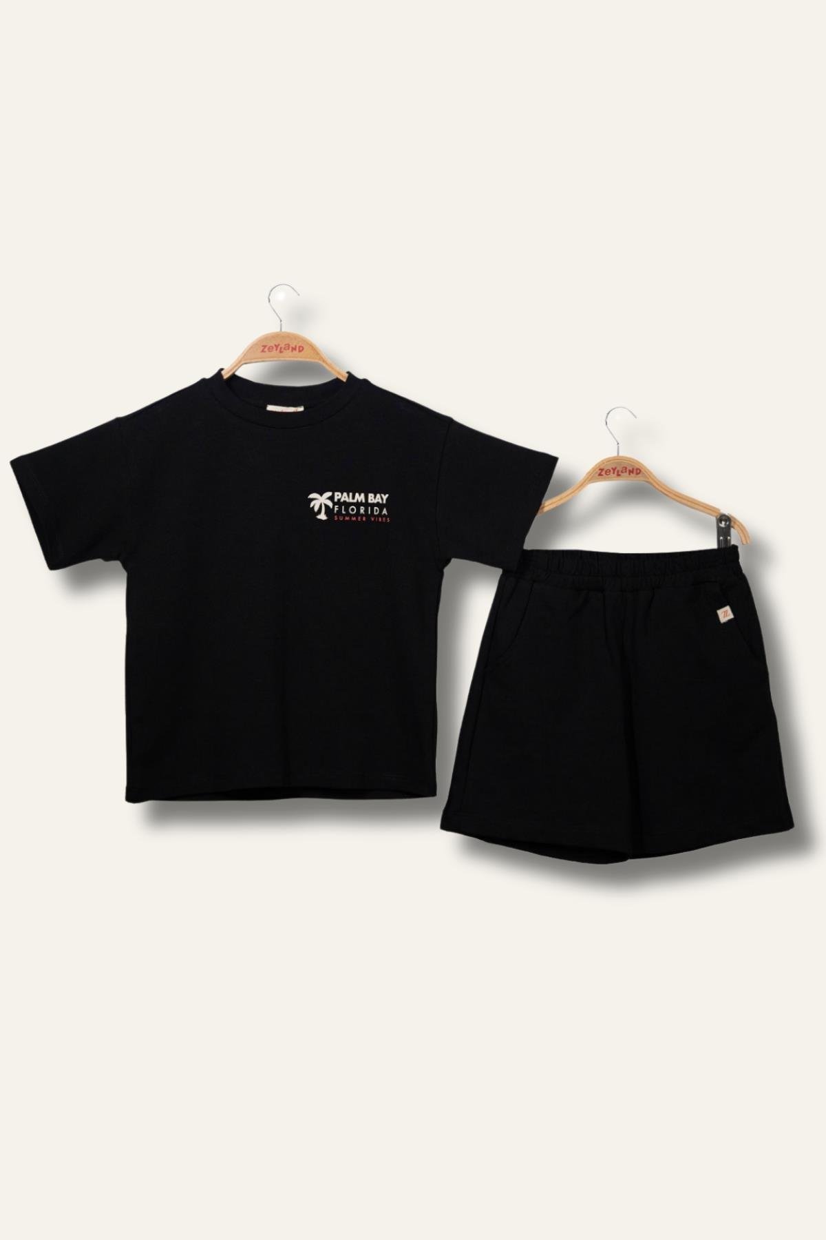 Erkek Çoçuk Sörf Baskılı T-Shirt Kısa Şort Takım - Siyah