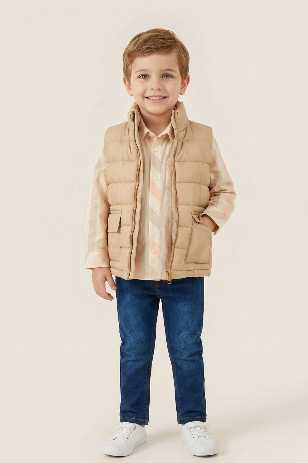 Erkek Çocuk Yelekli 3'lü Takım  - Beige
