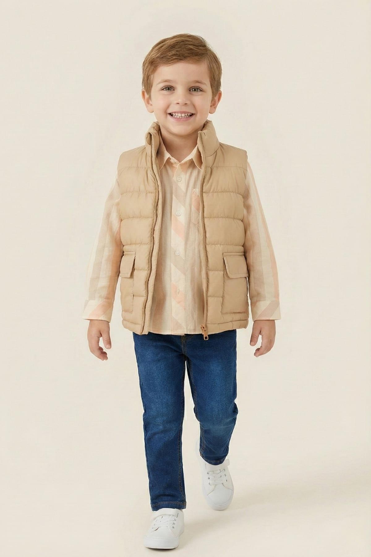 Erkek Çocuk Yelekli 3'lü Takım  - Beige