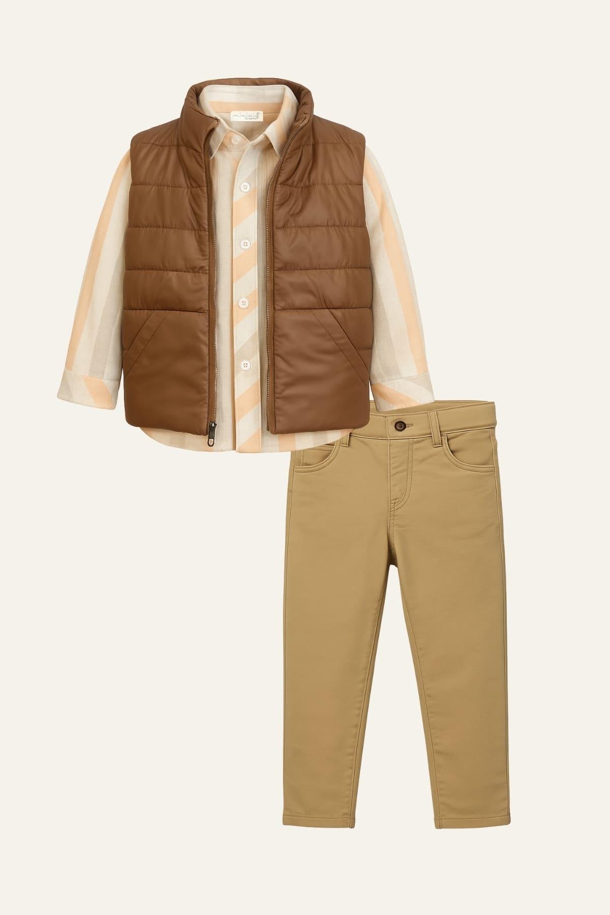 Erkek Çocuk Yelekli 3'lü Takım  - Kahverengi
