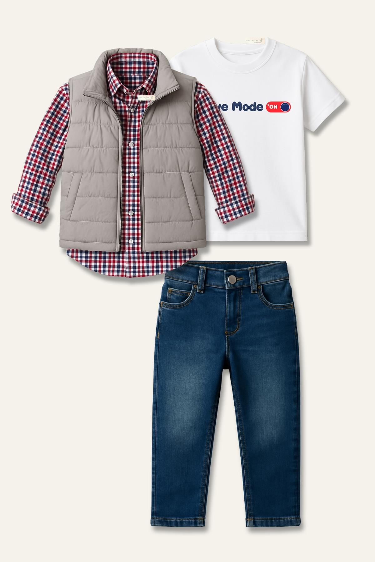 Erkek Çocuk Yelekli Dörtlü Takım - Kırmızı