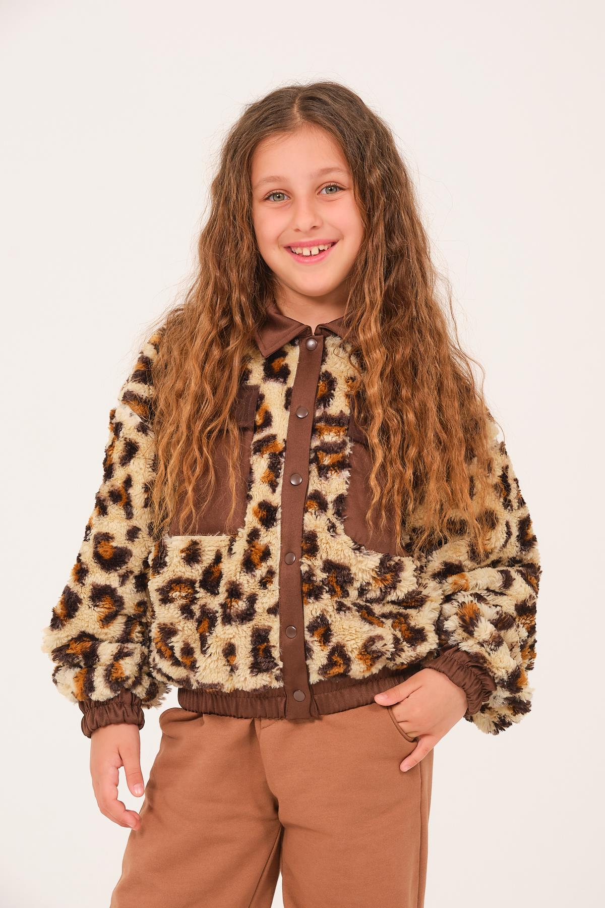 Genç Kız Çocuk Cep Detaylı Leopar Mont - Leopar Desenli