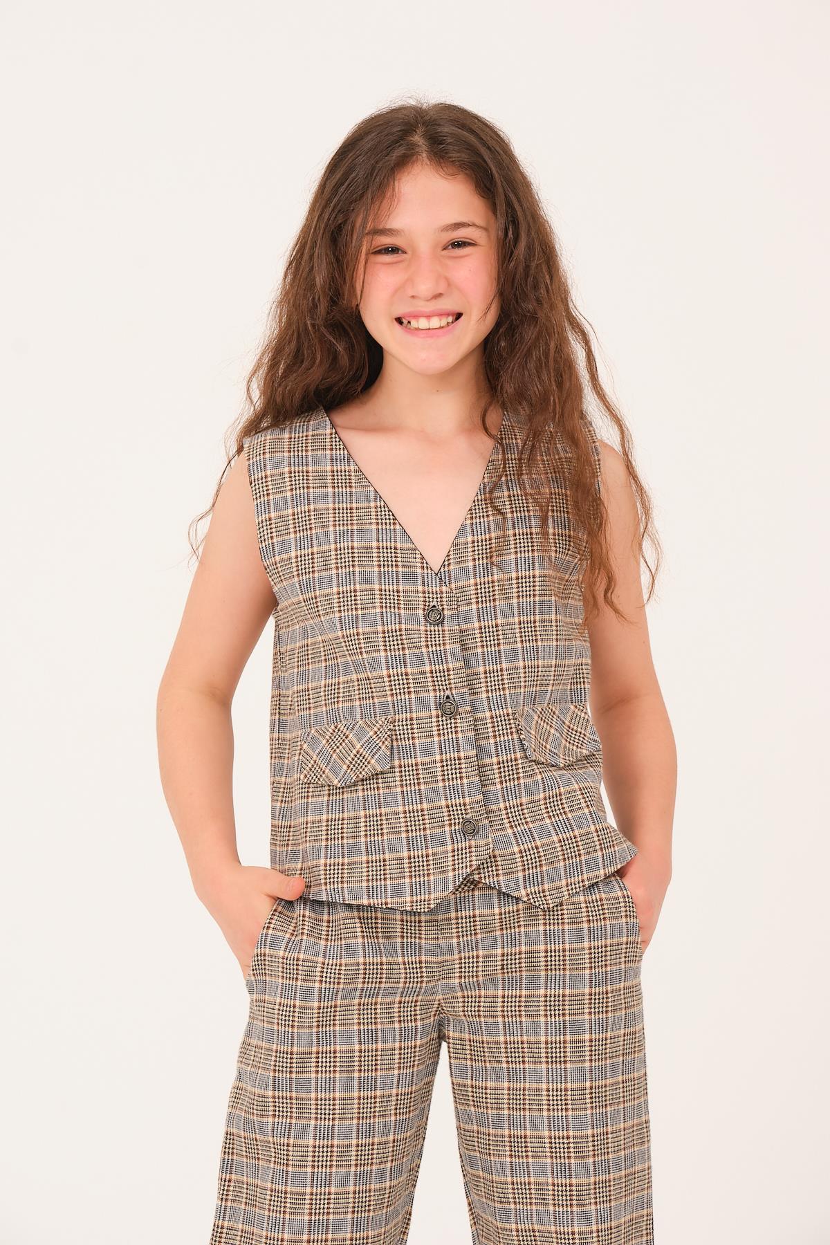 Genç Kız Çocuk Ekose Desen Yelek - Kahve