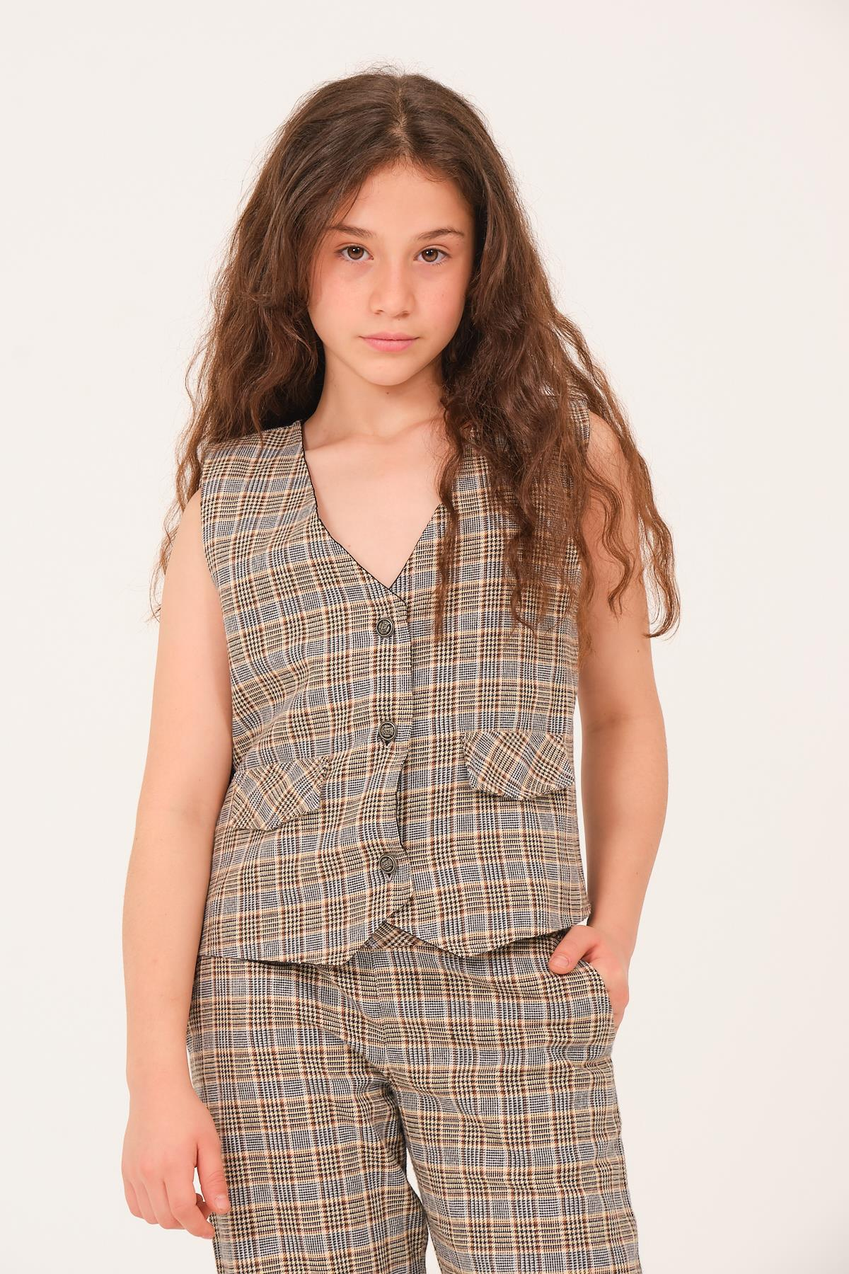 Genç Kız Çocuk Ekose Desen Yelek - Kahve