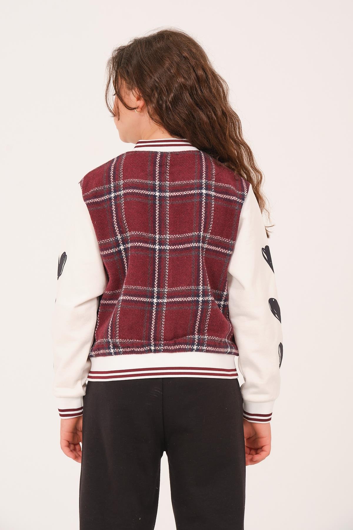 Genç Kız Çocuk Ekose Desenli Kolej Ceket - Bordo
