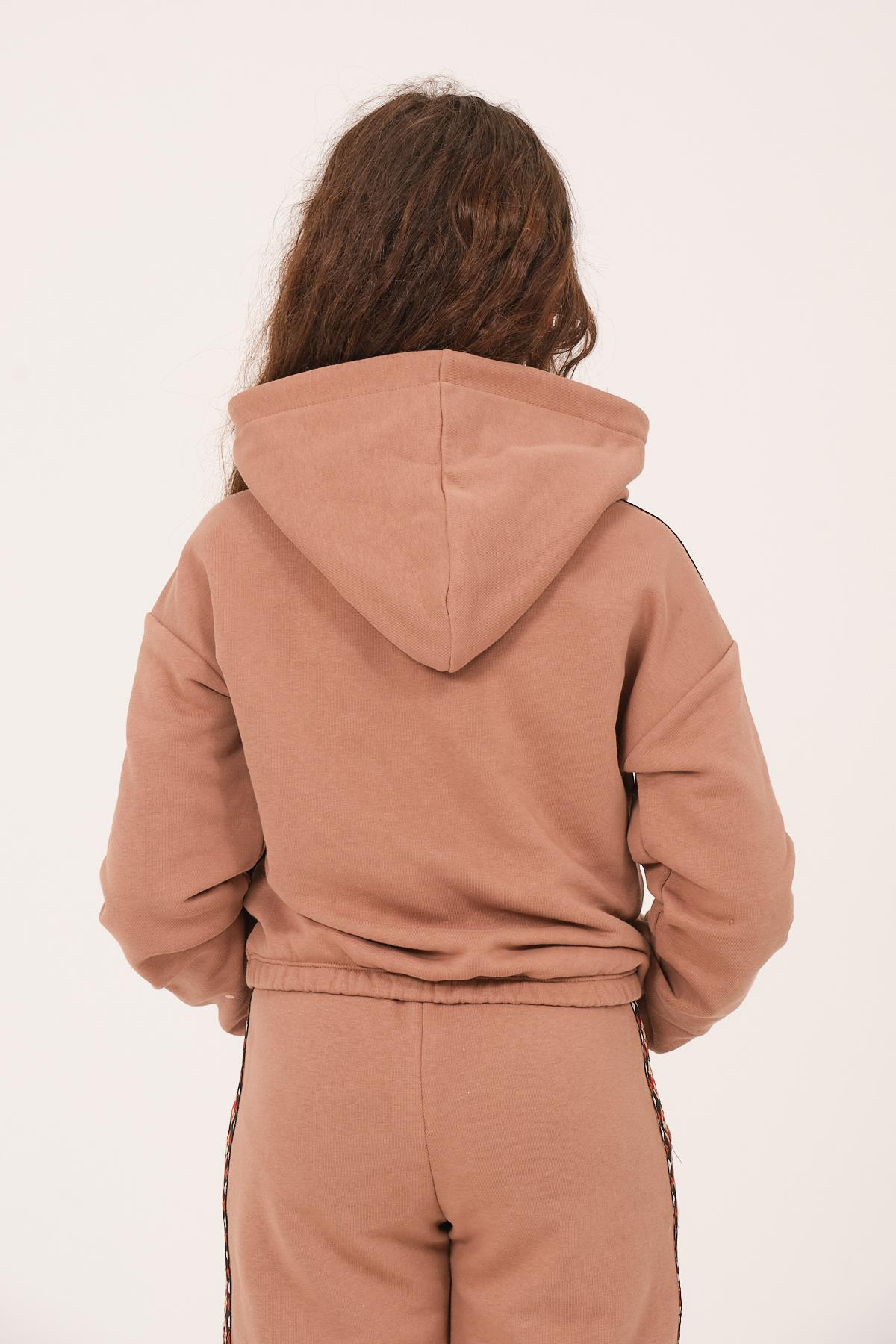 Genç Kız Çocuk Kalp Baskılı Kapüşonlu Sweatshirt - Vizon