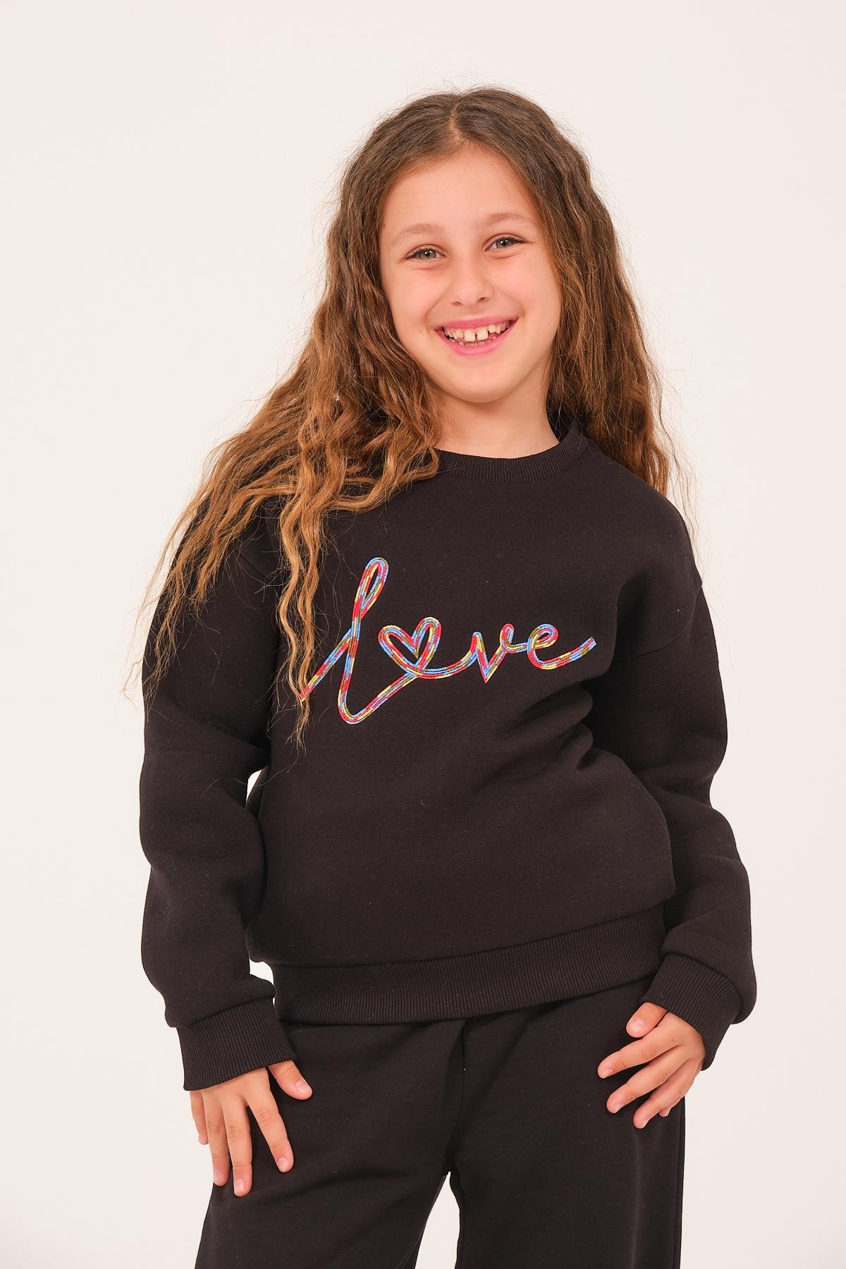 Genç Kız Çocuk Nakış Detaylı Sweatshirt - Siyah