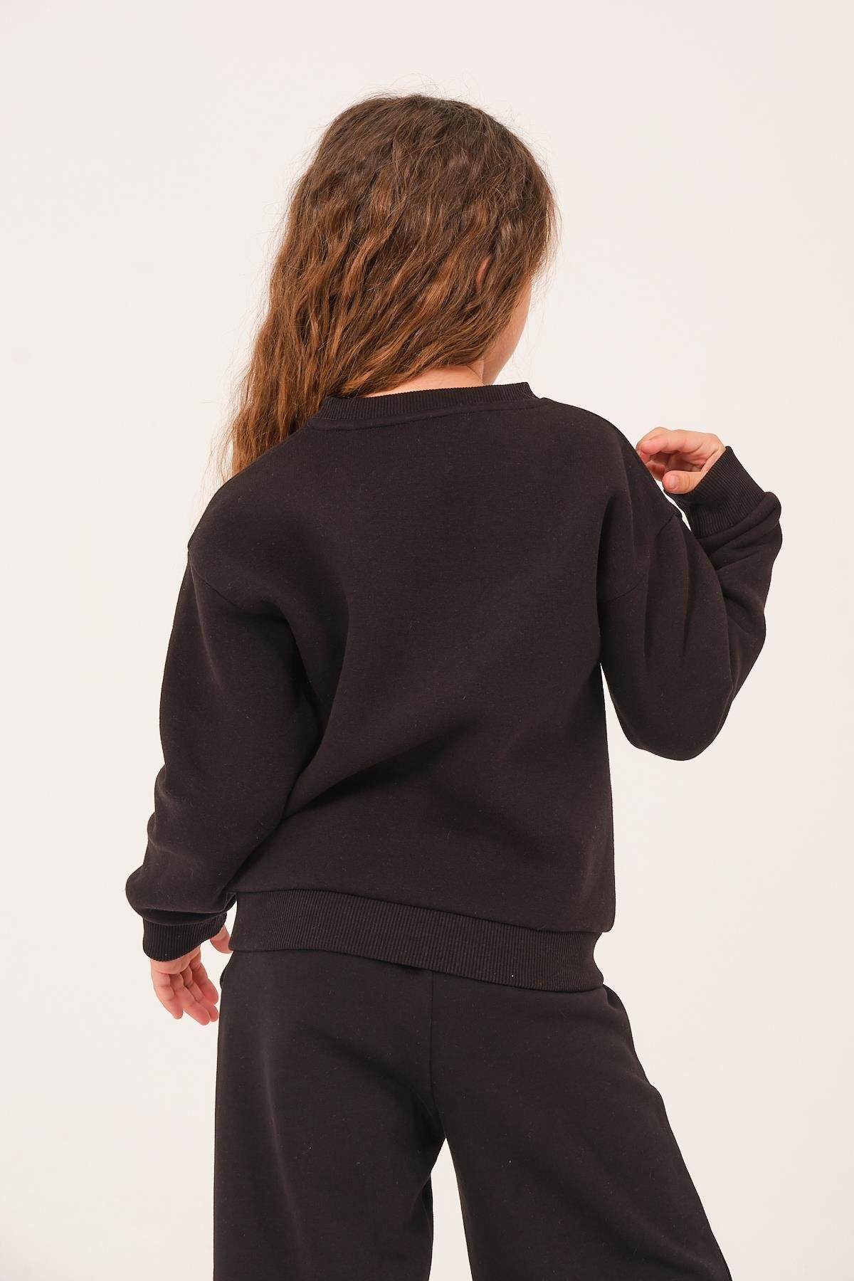 Genç Kız Çocuk Nakış Detaylı Sweatshirt - Siyah