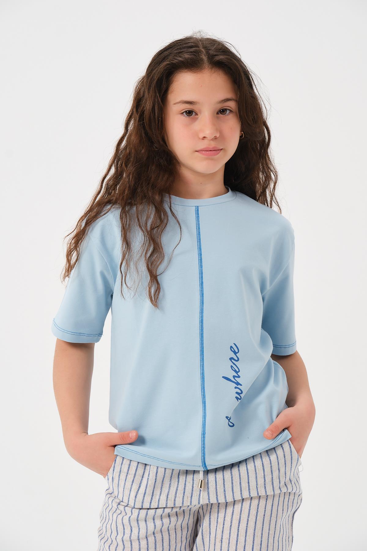 Genç Kız Çocuk Ön ve Arka Yazı Baskılı T-shirt