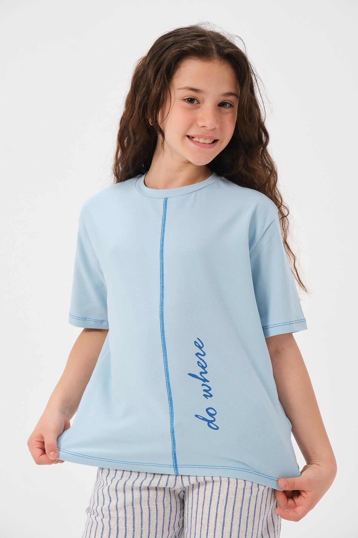 Genç Kız Çocuk Ön ve Arka Yazı Baskılı T-shirt