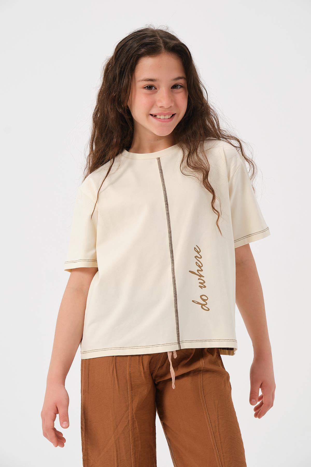 Genç Kız Çocuk Ön ve Arka Yazı Baskılı T-shirt