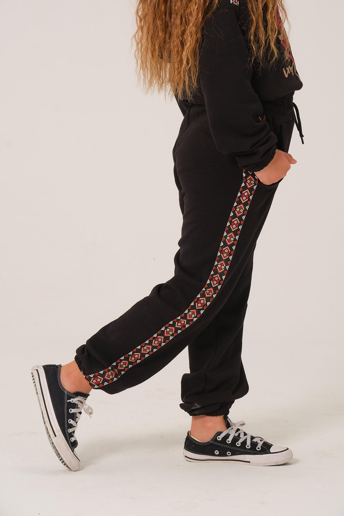 Genç Kız Çocuk Şerit Detaylı Eşofman Altı - Siyah