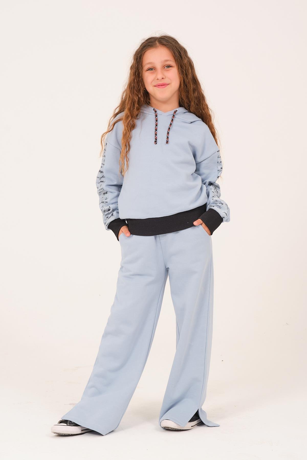 Genç Kız Çocuk Yazı Baskılı Kapüşonlu Sweatshirt - Bebek Mavisi