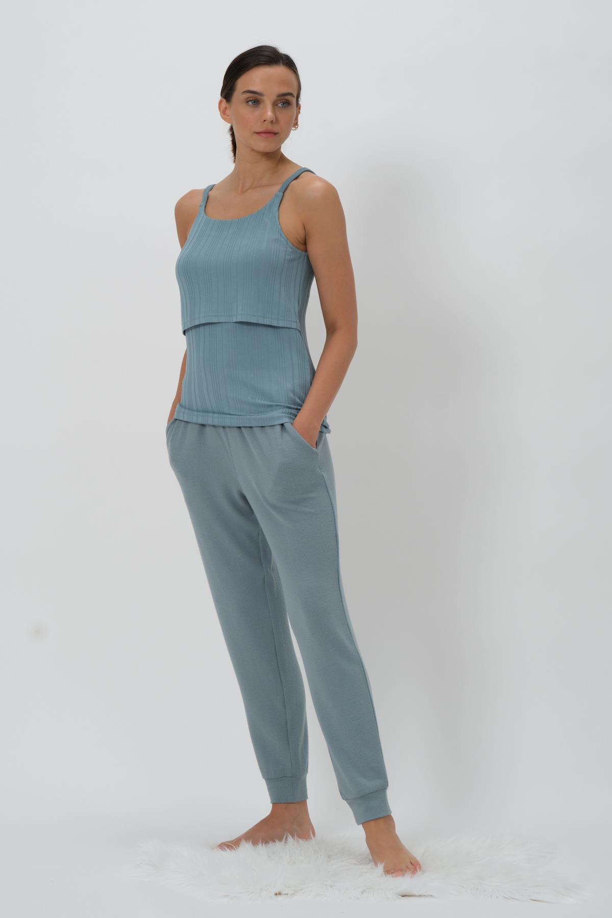 Kadın Askılı Emzirme Bluz Hamile Pijama Takımı - Buz Mavisi
