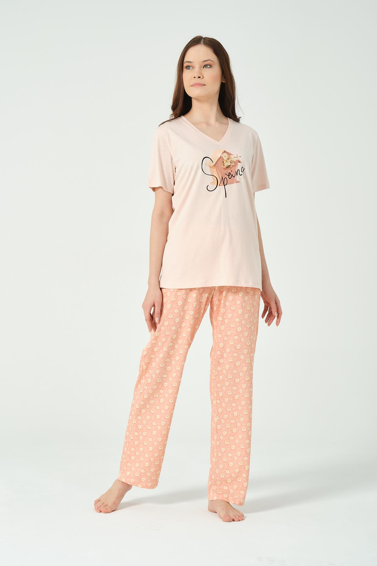 KADIN CICEK BASKILI KISA KOLLU PIJAMA TAKIMI