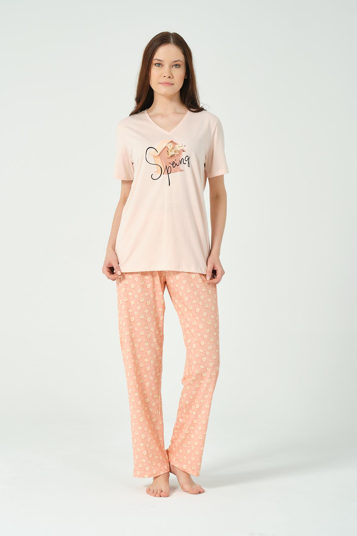 KADIN CICEK BASKILI KISA KOLLU PIJAMA TAKIMI