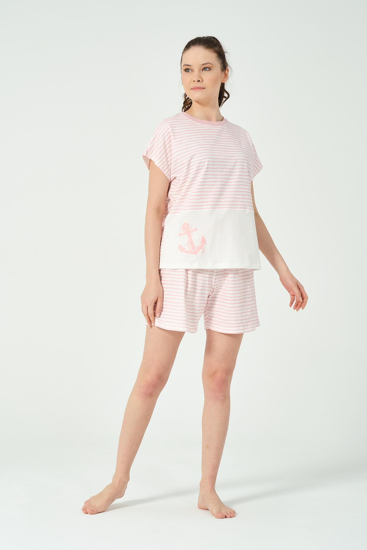 KADIN CIZGILI DESENLI NAKIS DETAYLI SORTLU PIJAMA TAKIMI 