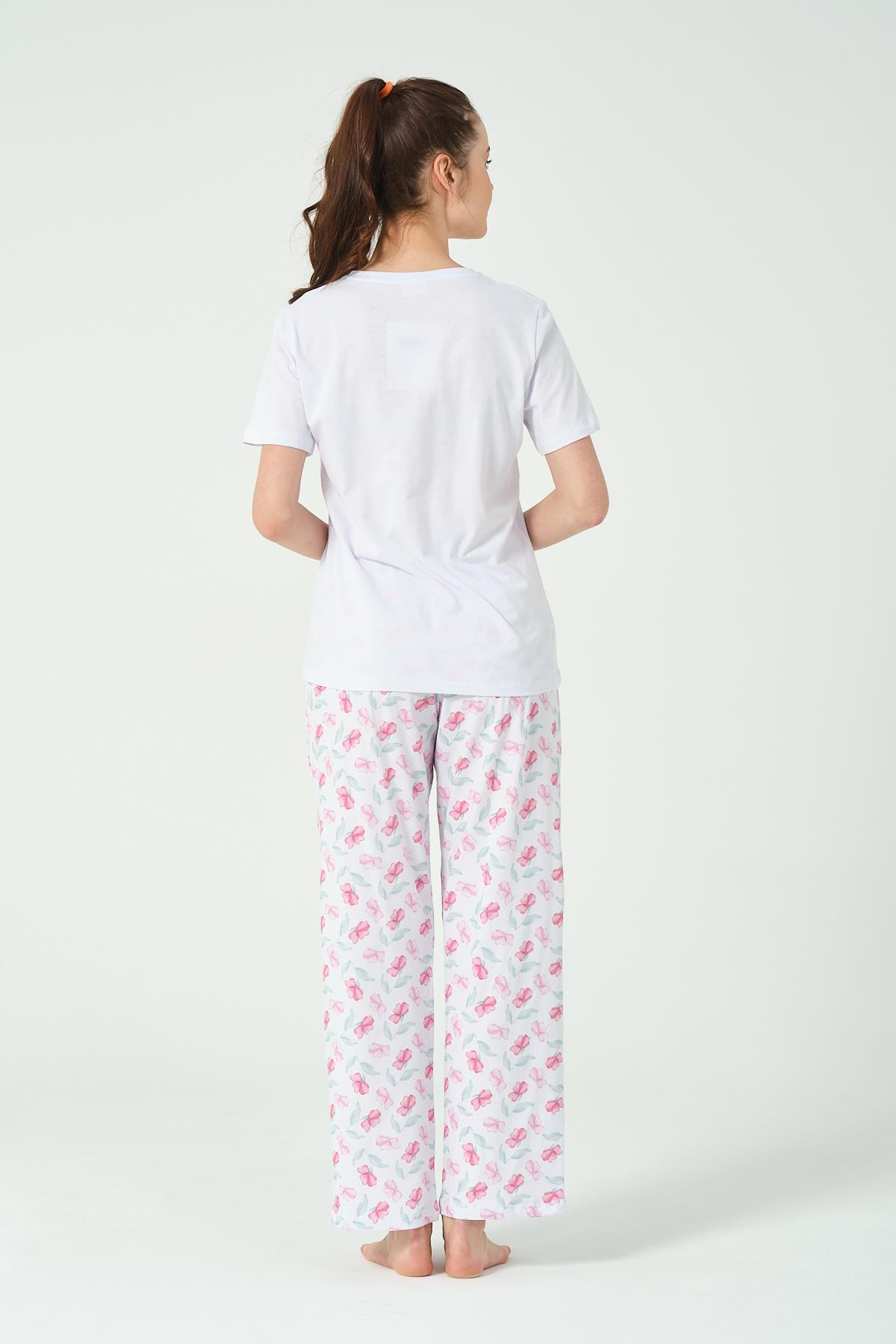 KADIN FUSYA CICEK BASKILI KISA KOLLU PIJAMA TAKIMI 