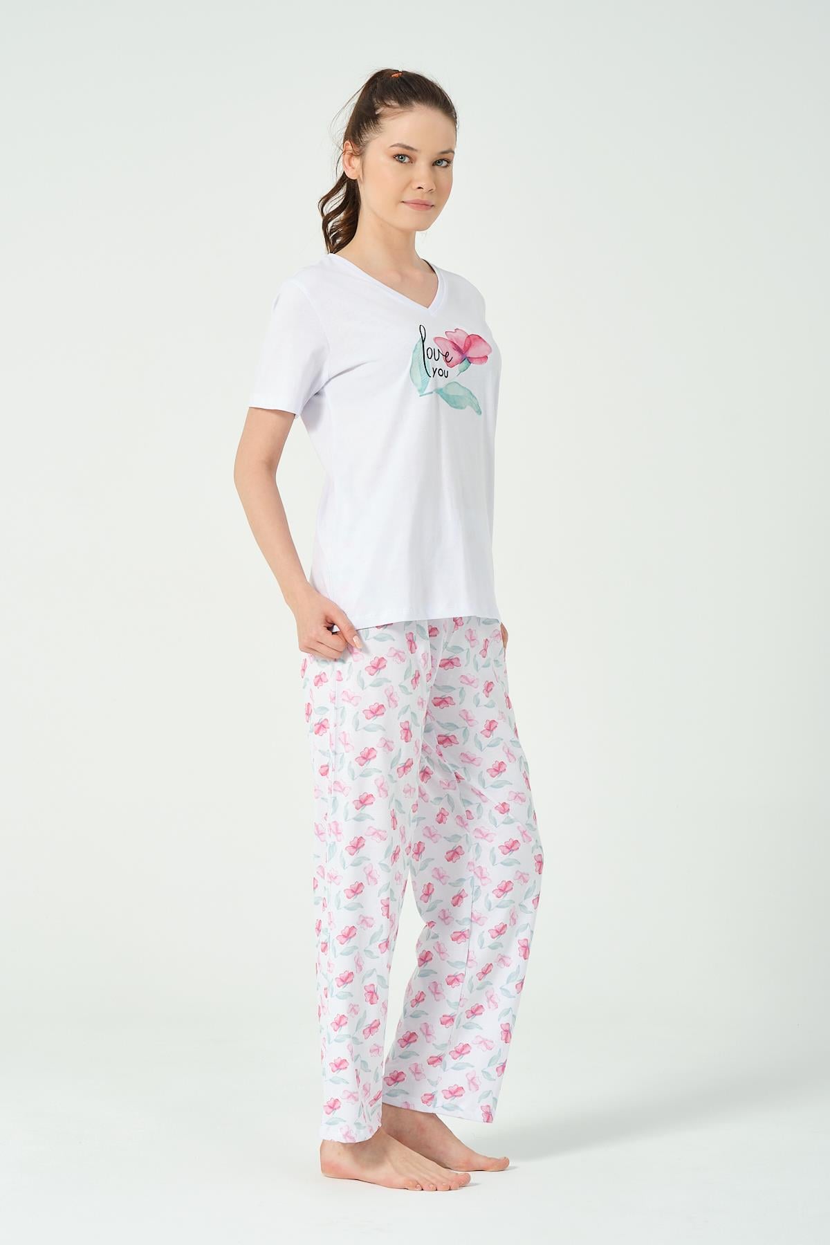 KADIN FUSYA CICEK BASKILI KISA KOLLU PIJAMA TAKIMI 
