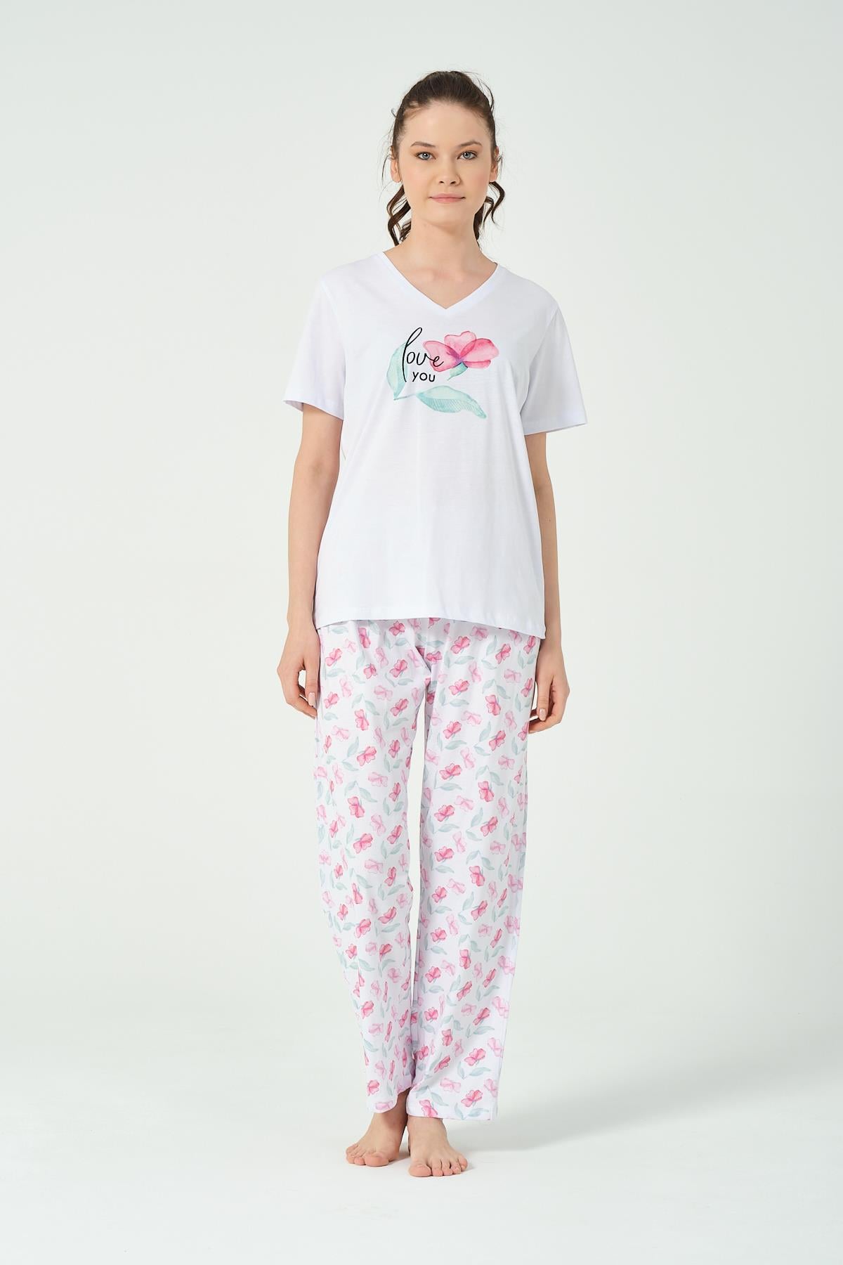 KADIN FUSYA CICEK BASKILI KISA KOLLU PIJAMA TAKIMI 