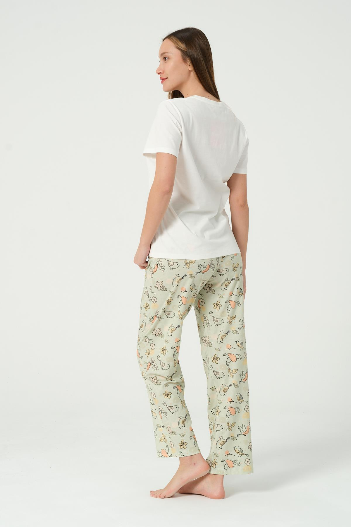 KADIN KUS DESENLI KISA KOLLU PIJAMA TAKIMI