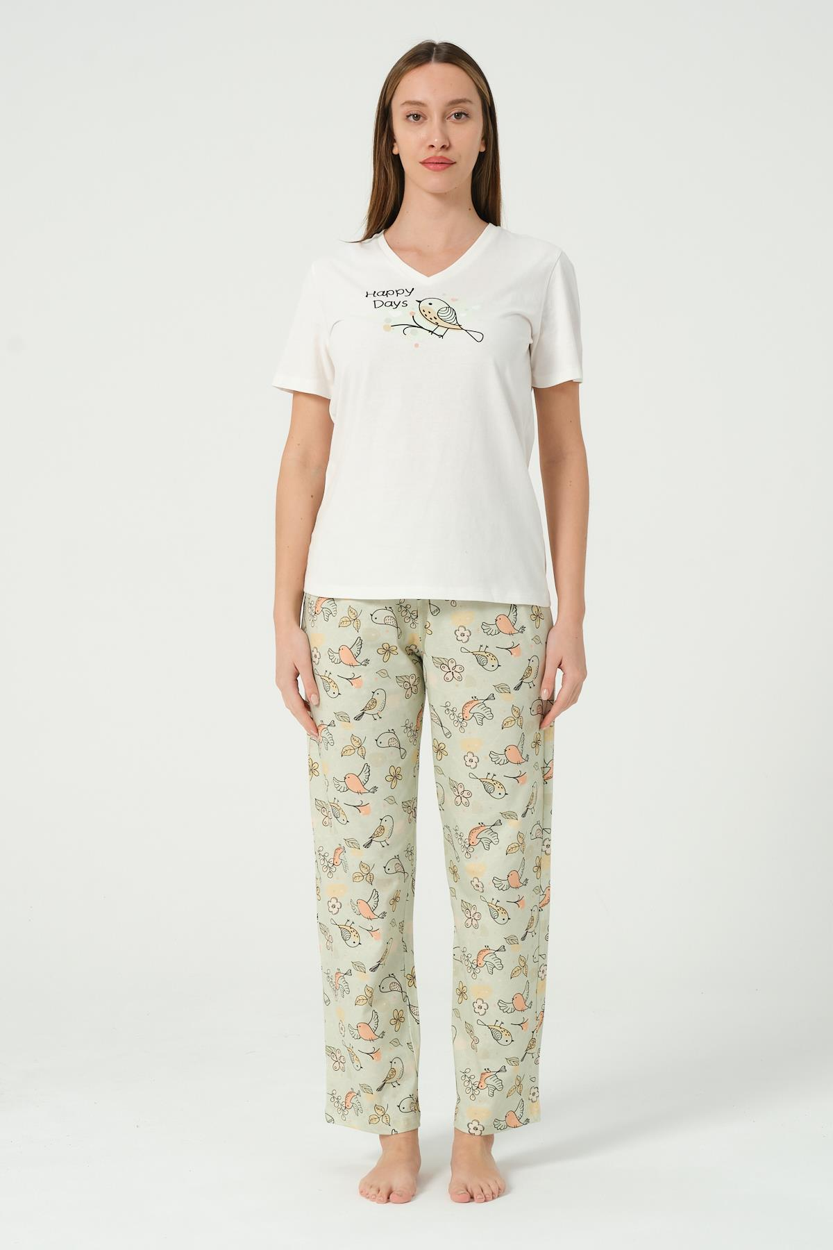 KADIN KUS DESENLI KISA KOLLU PIJAMA TAKIMI