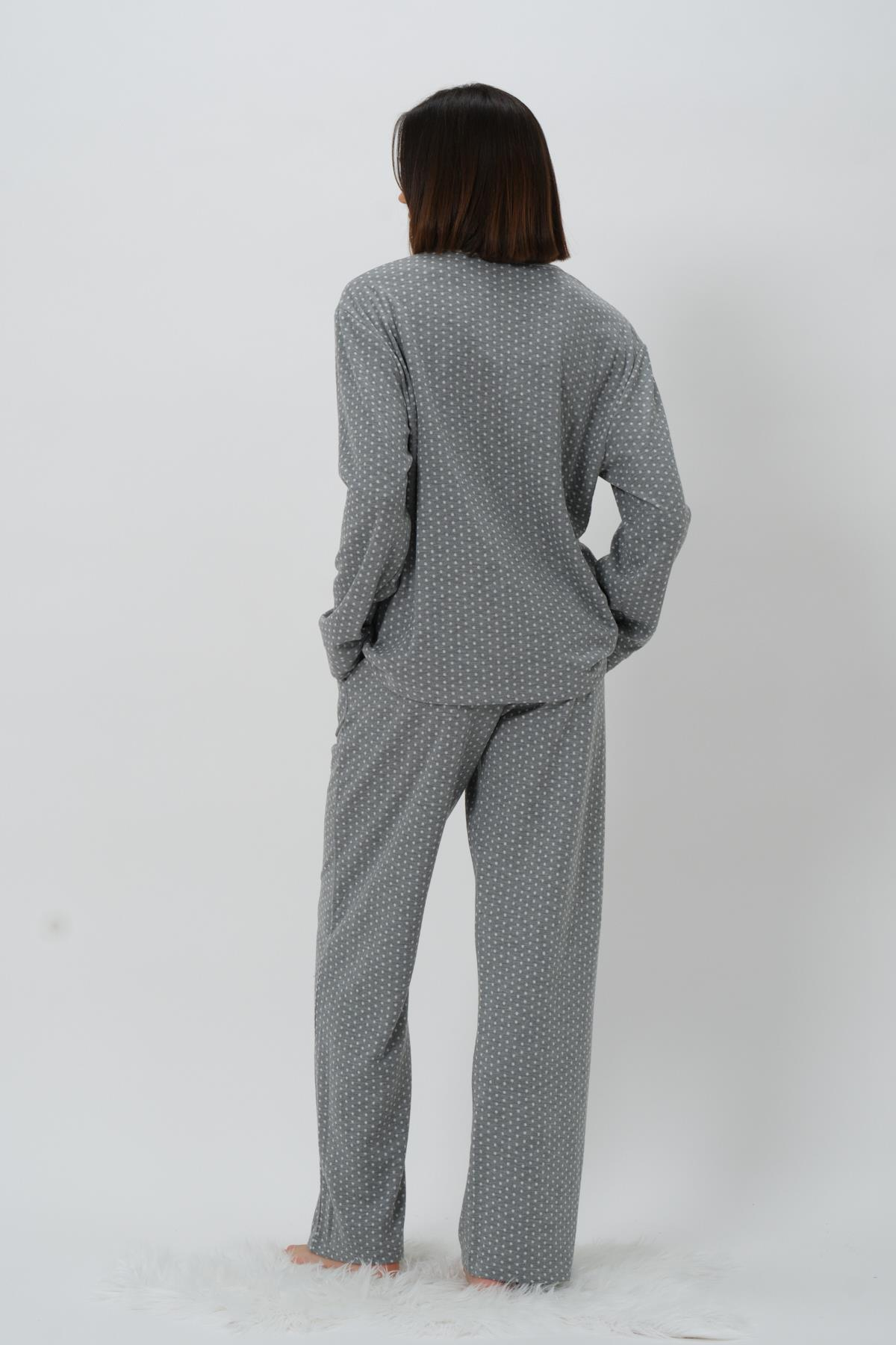 Kadın Puantiyeli Düğmeli Pijama Takımı - Ekru