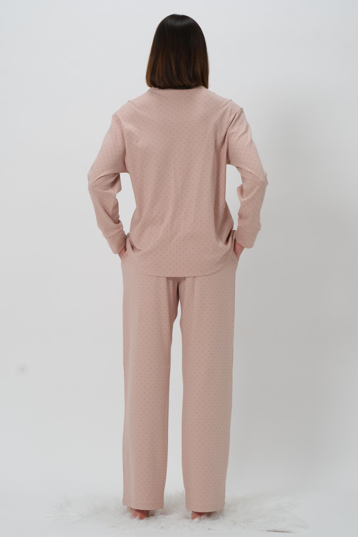 Kadın Puantiyeli Hakim Yaka Pijama Takımı - Pudra