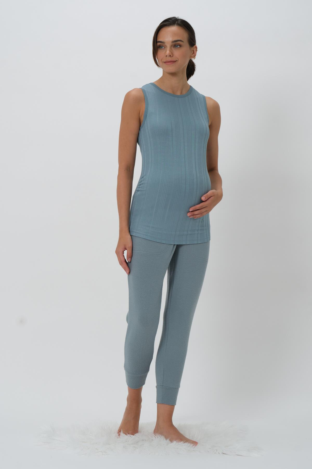 Kadın Sıfır Kol Bluz Hamile Pijama Takımı - Buz Mavisi