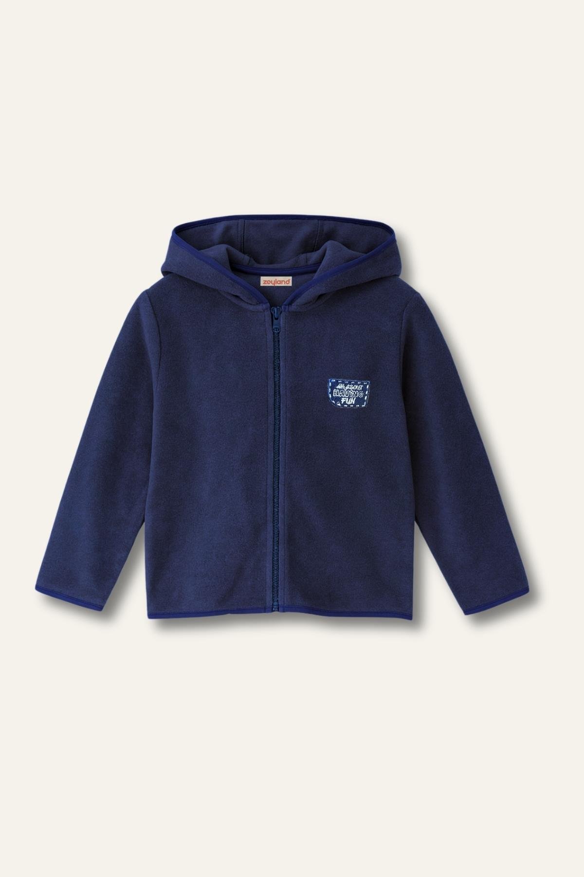 Kapşonlu fermuarlı polar ceket - İndigo