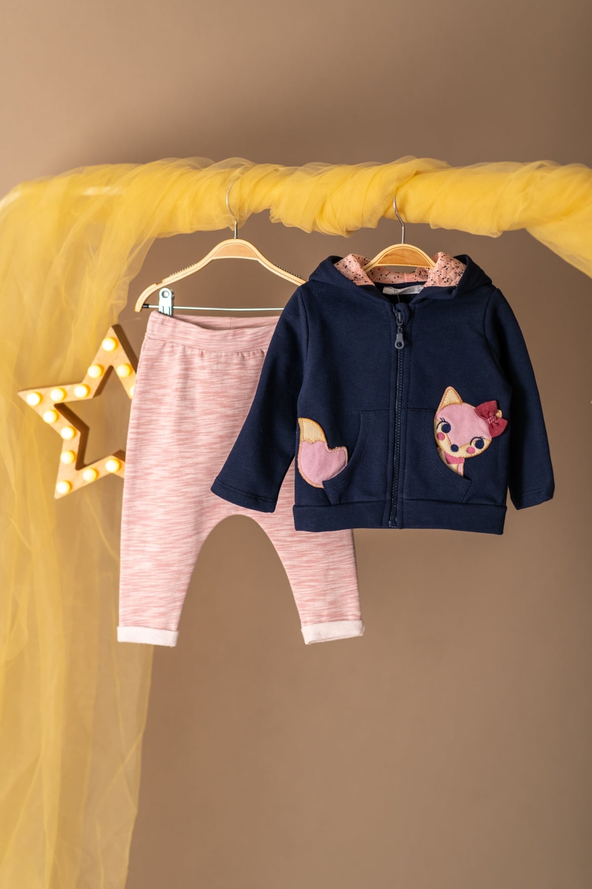 Kedi Aplikeli Fermuarli Sweatshirt ve Salvar Takim (0-18ay)