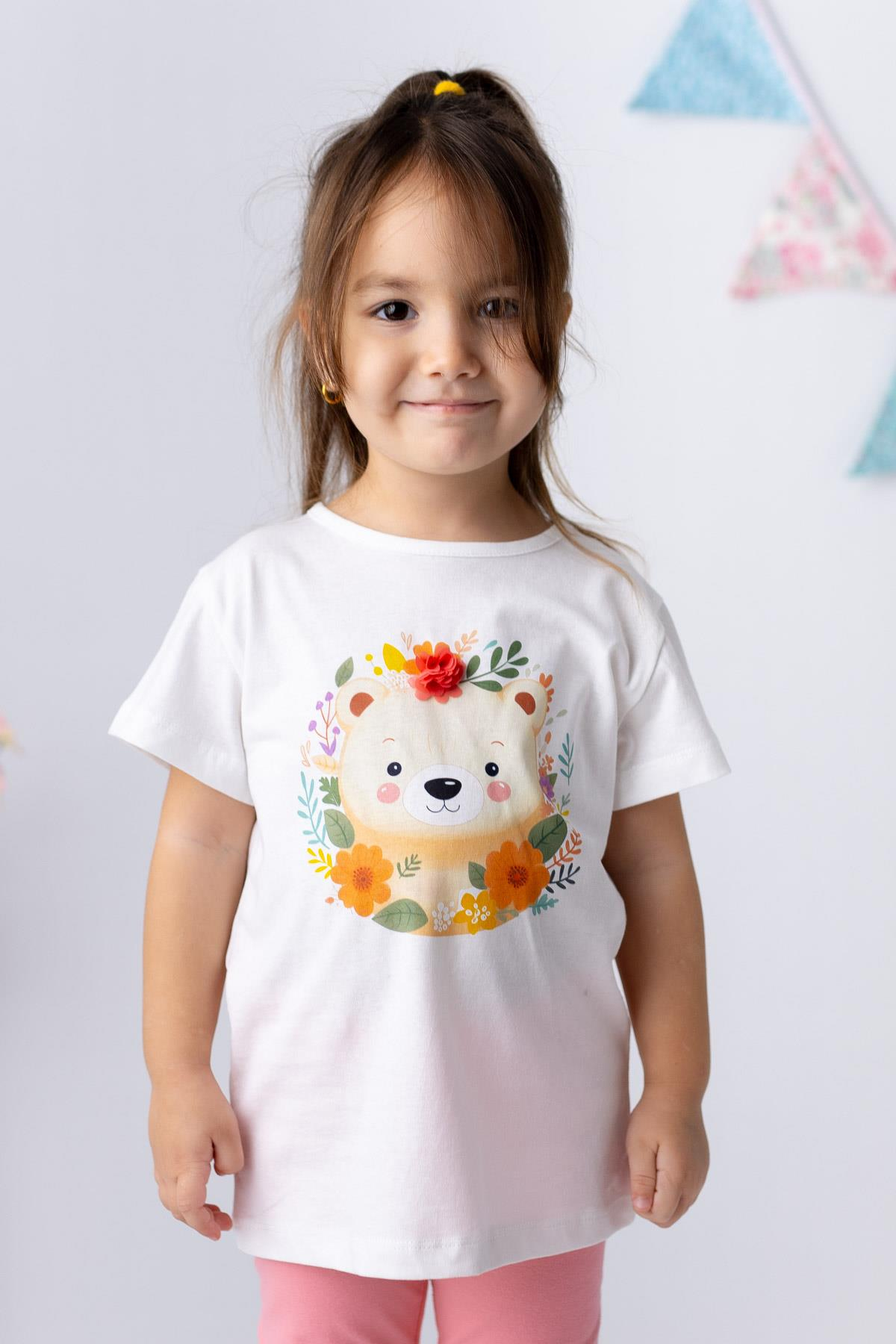 KIZ BEBEK AYI BASKILI 3 BOYUTLU CICEKLI T-SHIRT