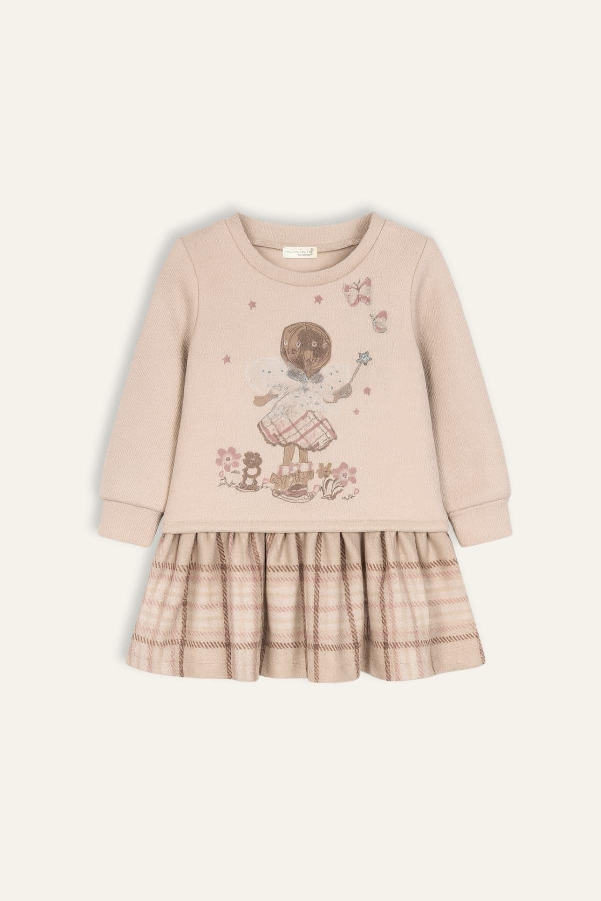 Kız Bebek Baskılı Ve Tül Detaylı Garnili Elbise - Ekose