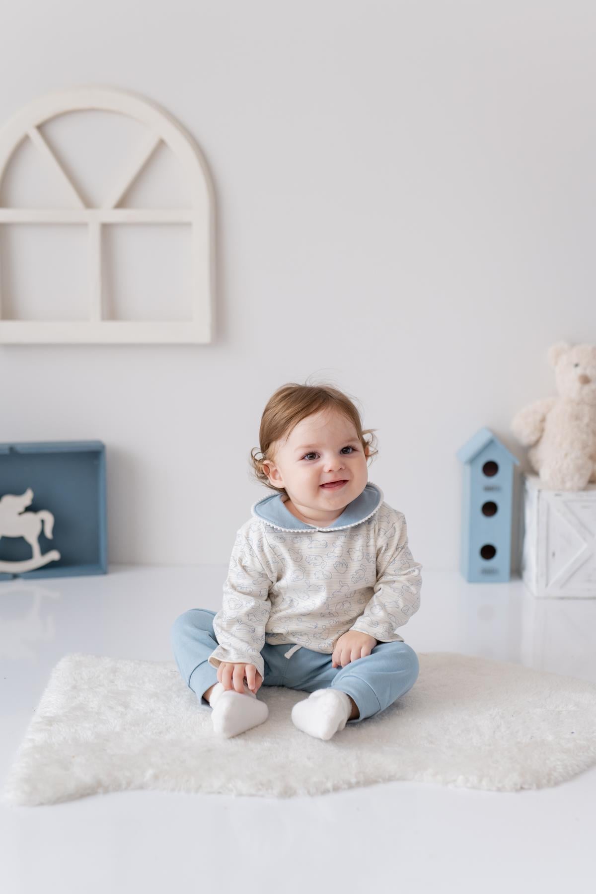 Kız Bebek Bebe Yaka Bluz ve Tek Alt İkili Takım - Mavi