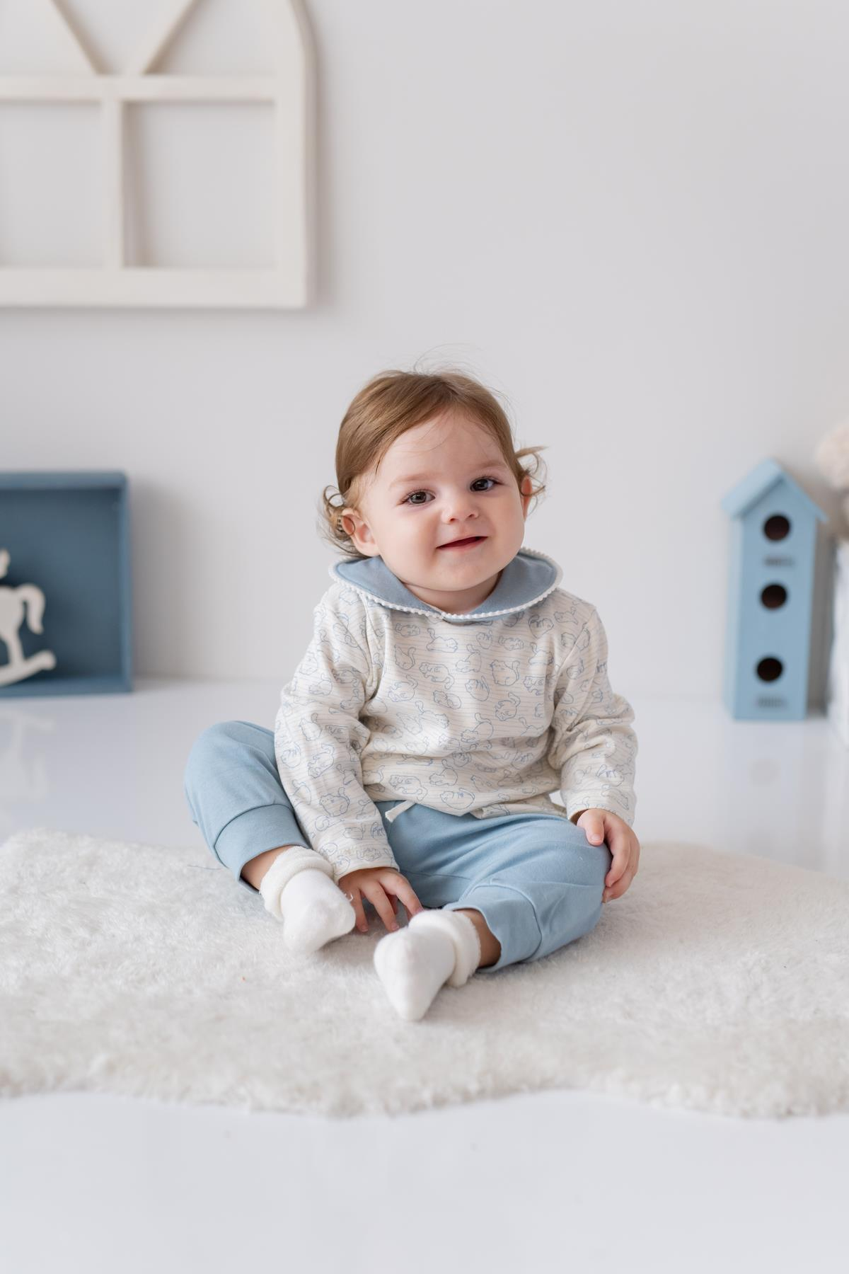Kız Bebek Bebe Yaka Bluz ve Tek Alt İkili Takım - Mavi