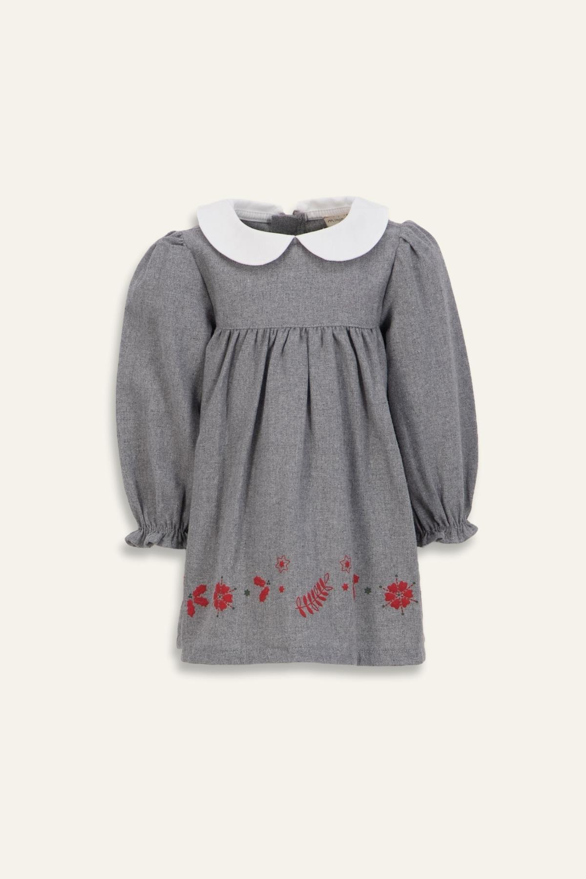 Kız Bebek Bebe Yaka Nakışlı Dokuma Elbise - Gri