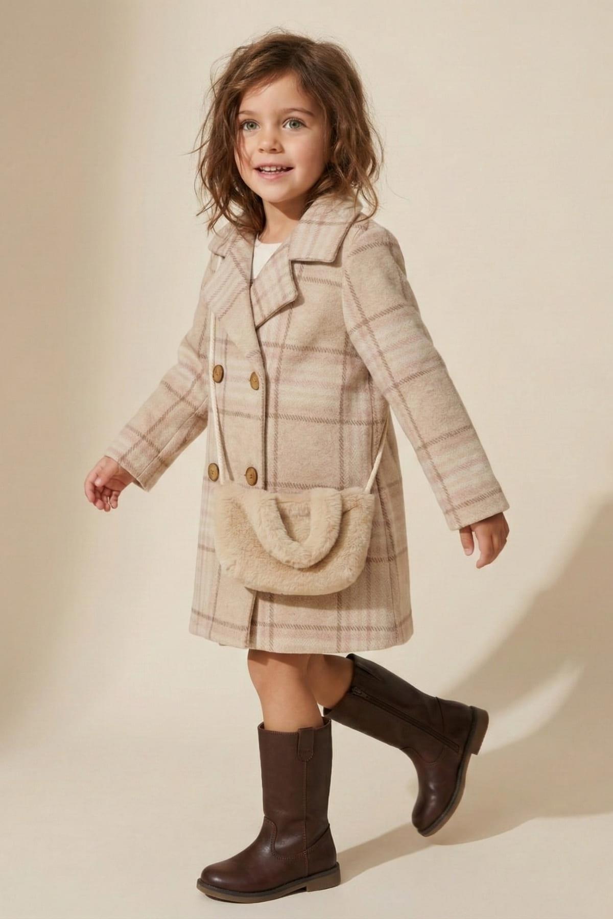 Kız Bebek Çanta Aksesuarlı Ekose Kaban - Ekose