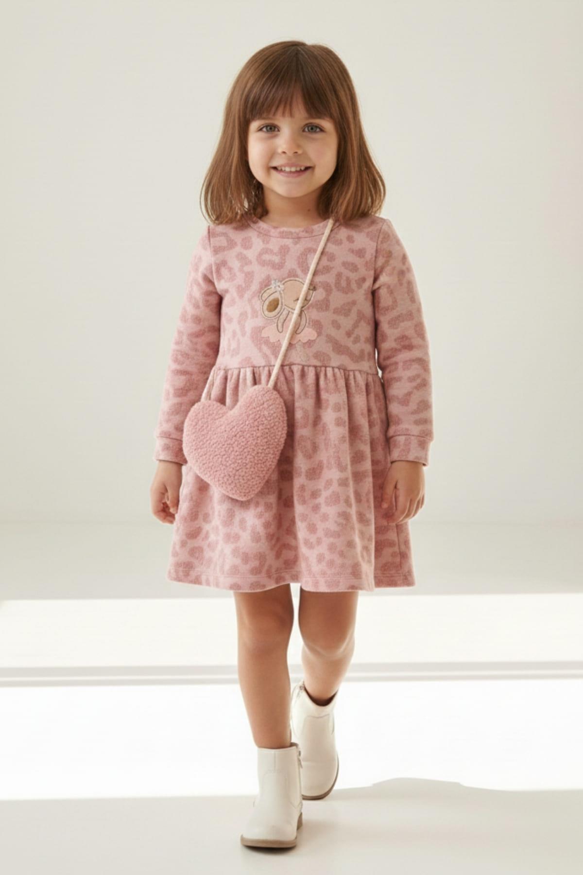 Kız Bebek Çanta Aksesuarlı Jakarlı Elbise - Pembe