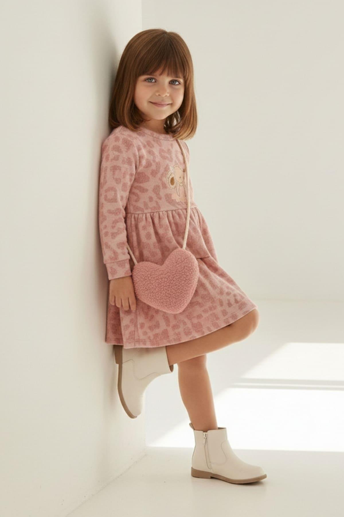 Kız Bebek Çanta Aksesuarlı Jakarlı Elbise - Pembe