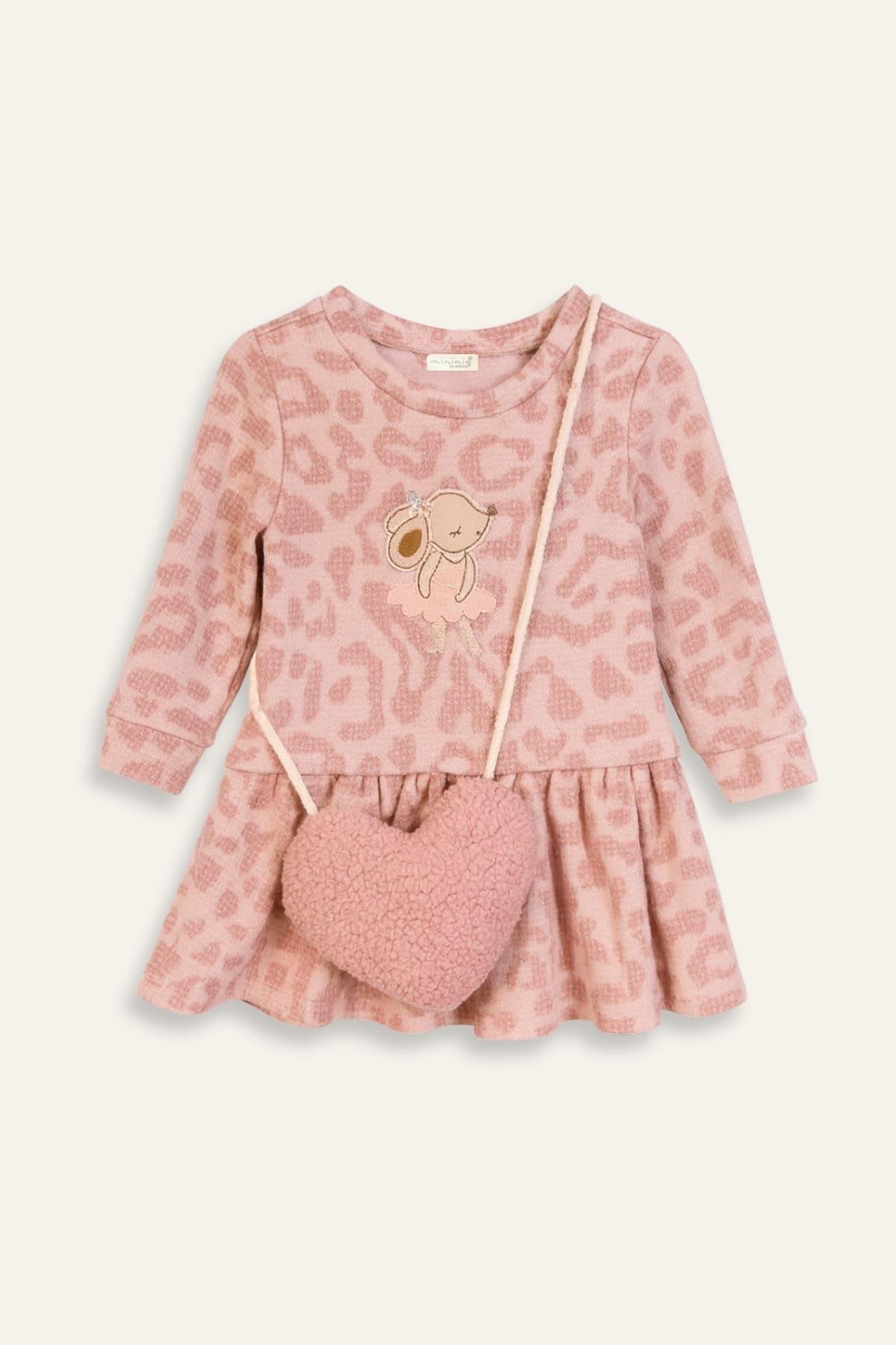 Kız Bebek Çanta Aksesuarlı Jakarlı Elbise - Pembe