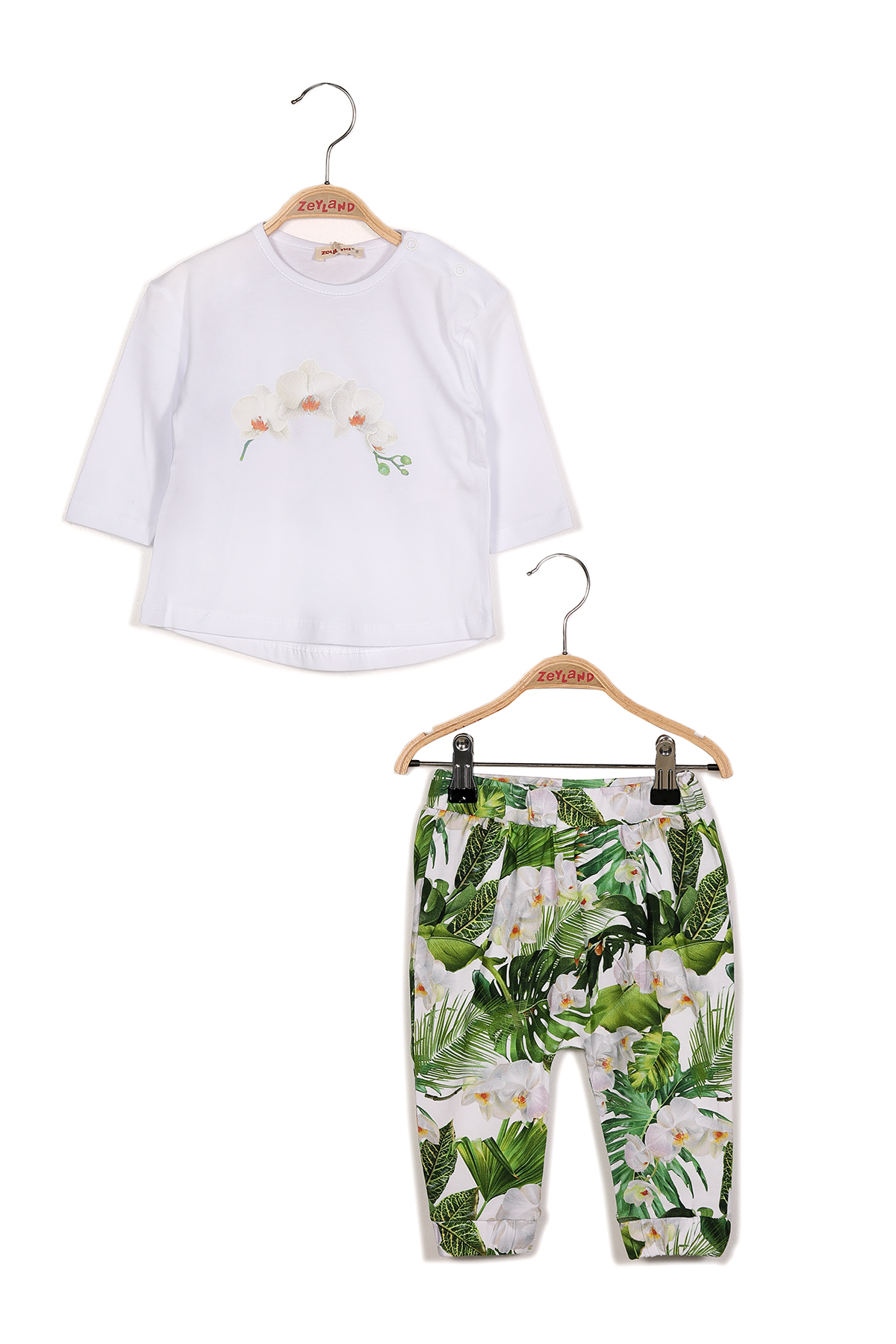 Kız Bebek Çiçek Baskılı Uzun Kollu T-shirt ve Yaprak Baskılı Tek Alt Takım